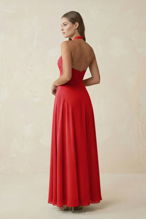 A-Line Pleated Chiffon V-Neck Bridesmaid Dress in Ruby Red - KissProm BRIDESMAID DRESSES