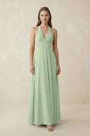 A-Line Pleated Chiffon V-Neck Bridesmaid Dress in Sage - KissProm BRIDESMAID DRESSES