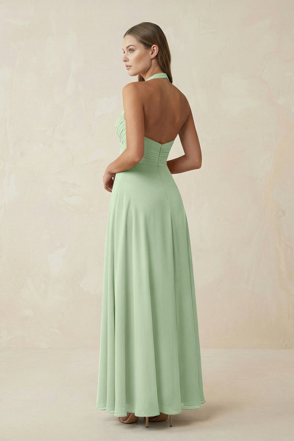 A-Line Pleated Chiffon V-Neck Bridesmaid Dress in Sage - KissProm BRIDESMAID DRESSES