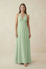 A-Line Pleated Chiffon V-Neck Bridesmaid Dress in Sage - KissProm BRIDESMAID DRESSES