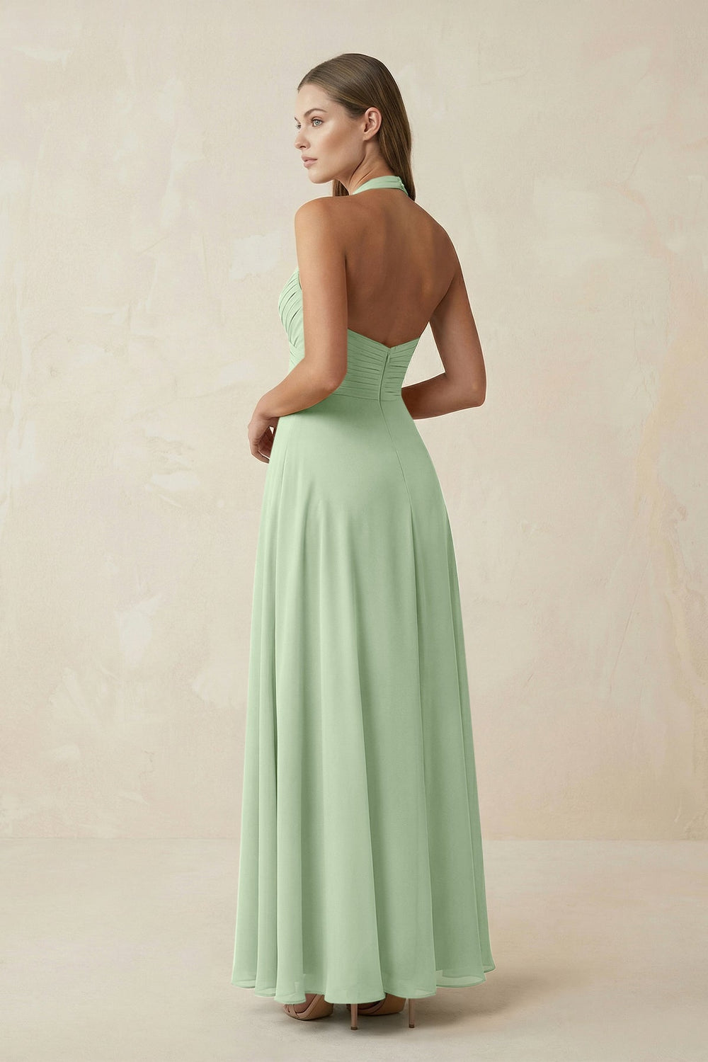 A-Line Pleated Chiffon V-Neck Bridesmaid Dress in Sage - KissProm BRIDESMAID DRESSES