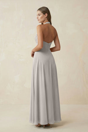 A-Line Pleated Chiffon V-Neck Bridesmaid Dress in Silver - KissProm BRIDESMAID DRESSES