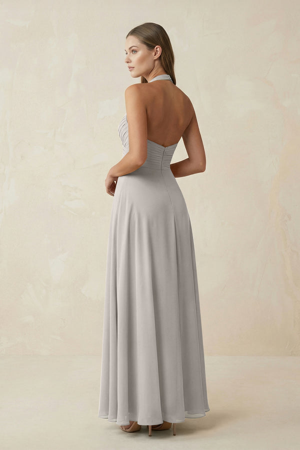 A-Line Pleated Chiffon V-Neck Bridesmaid Dress in Silver - KissProm BRIDESMAID DRESSES