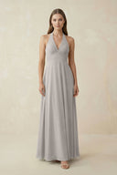A-Line Pleated Chiffon V-Neck Bridesmaid Dress in Silver - KissProm BRIDESMAID DRESSES