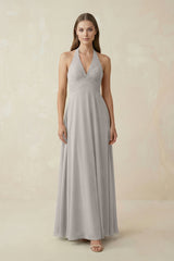 A-Line Pleated Chiffon V-Neck Bridesmaid Dress in Silver - KissProm BRIDESMAID DRESSES