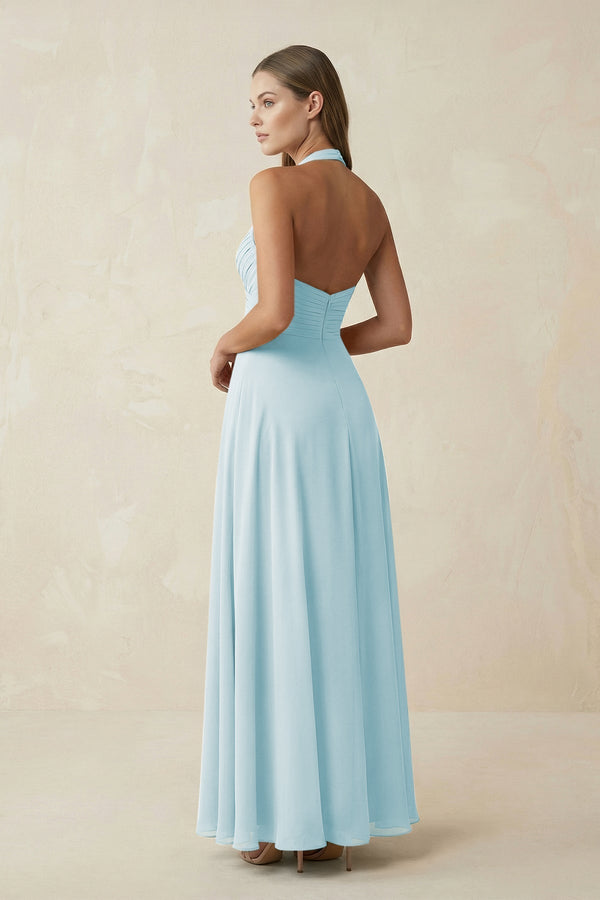 A-Line Pleated Chiffon V-Neck Bridesmaid Dress in Sky Blue - KissProm BRIDESMAID DRESSES