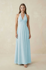 A-Line Pleated Chiffon V-Neck Bridesmaid Dress in Sky Blue - KissProm BRIDESMAID DRESSES