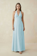 A-Line Pleated Chiffon V-Neck Bridesmaid Dress in Sky Blue - KissProm BRIDESMAID DRESSES