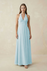 A-Line Pleated Chiffon V-Neck Bridesmaid Dress in Sky Blue - KissProm BRIDESMAID DRESSES