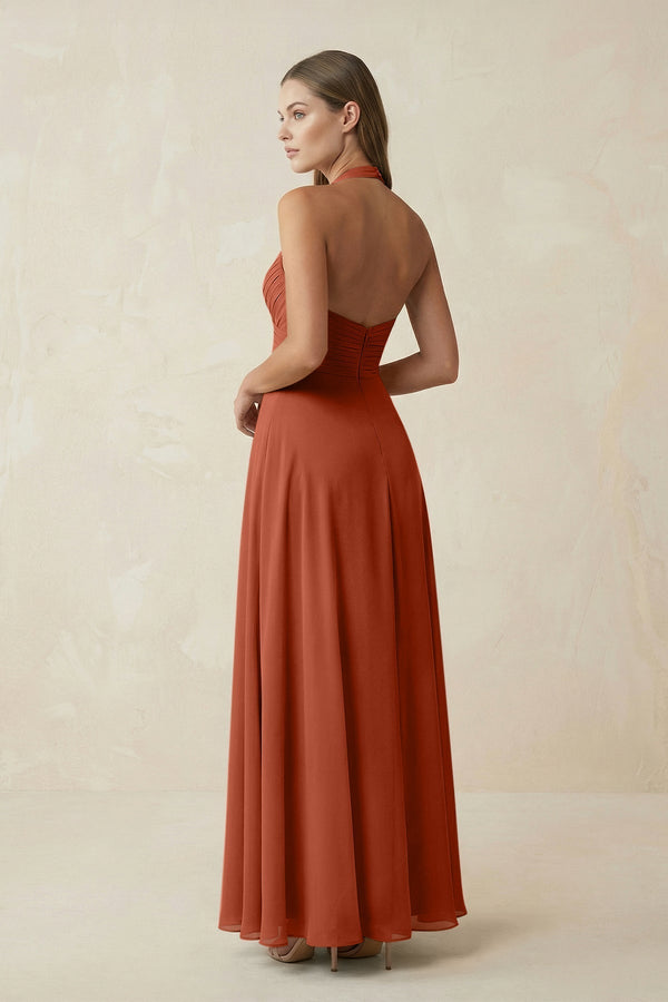 A-Line Pleated Chiffon V-Neck Bridesmaid Dress in Spice - KissProm BRIDESMAID DRESSES