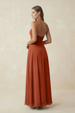 A-Line Pleated Chiffon V-Neck Bridesmaid Dress in Spice - KissProm BRIDESMAID DRESSES