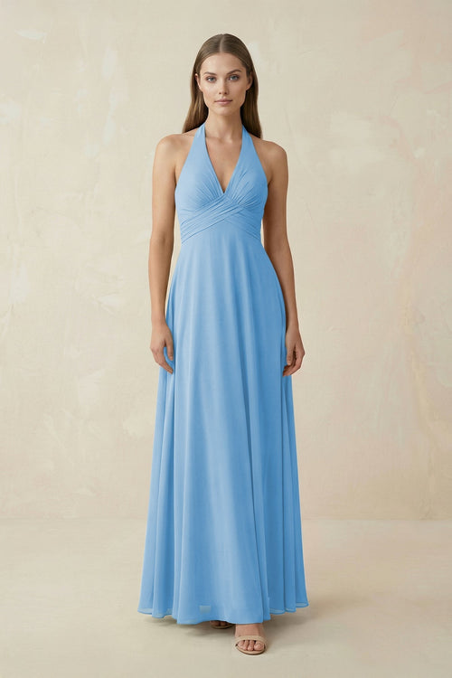 A-Line Pleated Chiffon V-Neck Bridesmaid Dress in Steel Blue - KissProm BRIDESMAID DRESSES