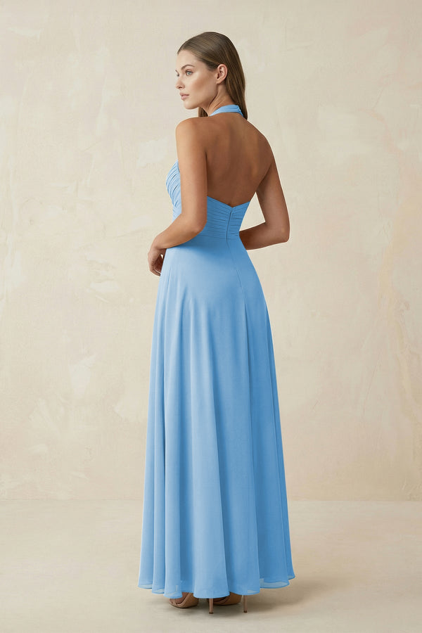 A-Line Pleated Chiffon V-Neck Bridesmaid Dress in Steel Blue - KissProm BRIDESMAID DRESSES