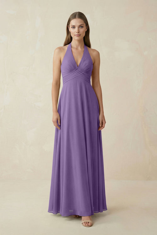 A-Line Pleated Chiffon V-Neck Bridesmaid Dress in Tahiti - KissProm BRIDESMAID DRESSES