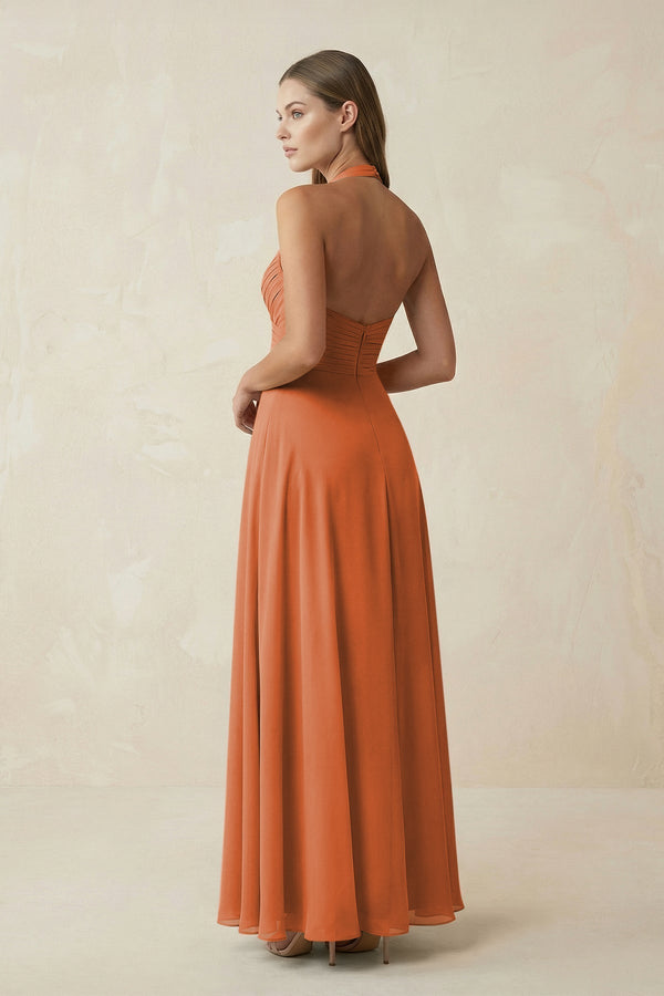 A-Line Pleated Chiffon V-Neck Bridesmaid Dress in Terracotta - KissProm BRIDESMAID DRESSES