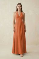 A-Line Pleated Chiffon V-Neck Bridesmaid Dress in Terracotta - KissProm BRIDESMAID DRESSES