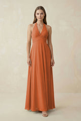 A-Line Pleated Chiffon V-Neck Bridesmaid Dress in Terracotta - KissProm BRIDESMAID DRESSES