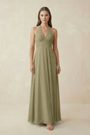 A-Line Pleated Chiffon V-Neck Bridesmaid Dress in Thyme - KissProm BRIDESMAID DRESSES