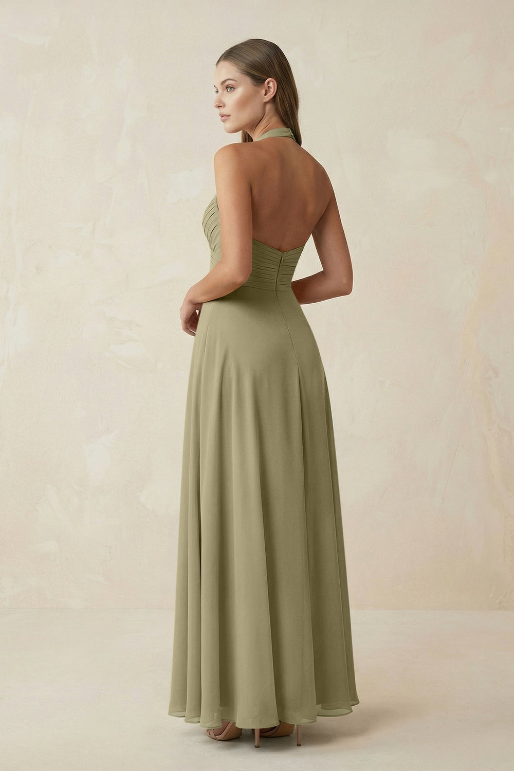 A-Line Pleated Chiffon V-Neck Bridesmaid Dress in Thyme - KissProm BRIDESMAID DRESSES