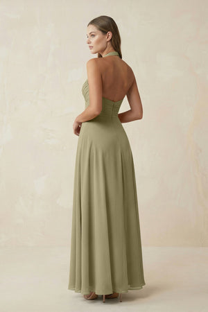 A-Line Pleated Chiffon V-Neck Bridesmaid Dress in Thyme - KissProm BRIDESMAID DRESSES