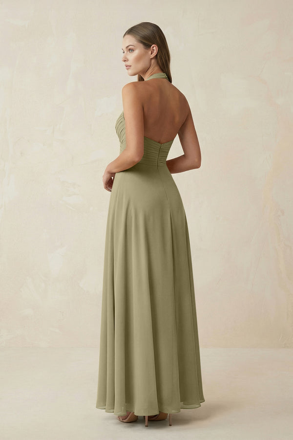 A-Line Pleated Chiffon V-Neck Bridesmaid Dress in Thyme - KissProm BRIDESMAID DRESSES