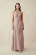 A-Line Pleated Chiffon V-Neck Bridesmaid Dress in Toffee - KissProm BRIDESMAID DRESSES