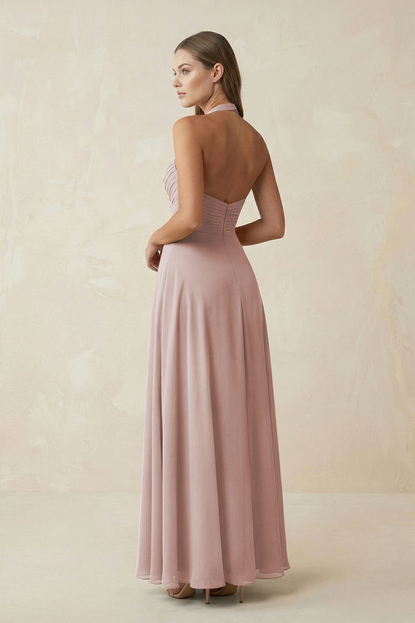 A-Line Pleated Chiffon V-Neck Bridesmaid Dress in Toffee - KissProm BRIDESMAID DRESSES
