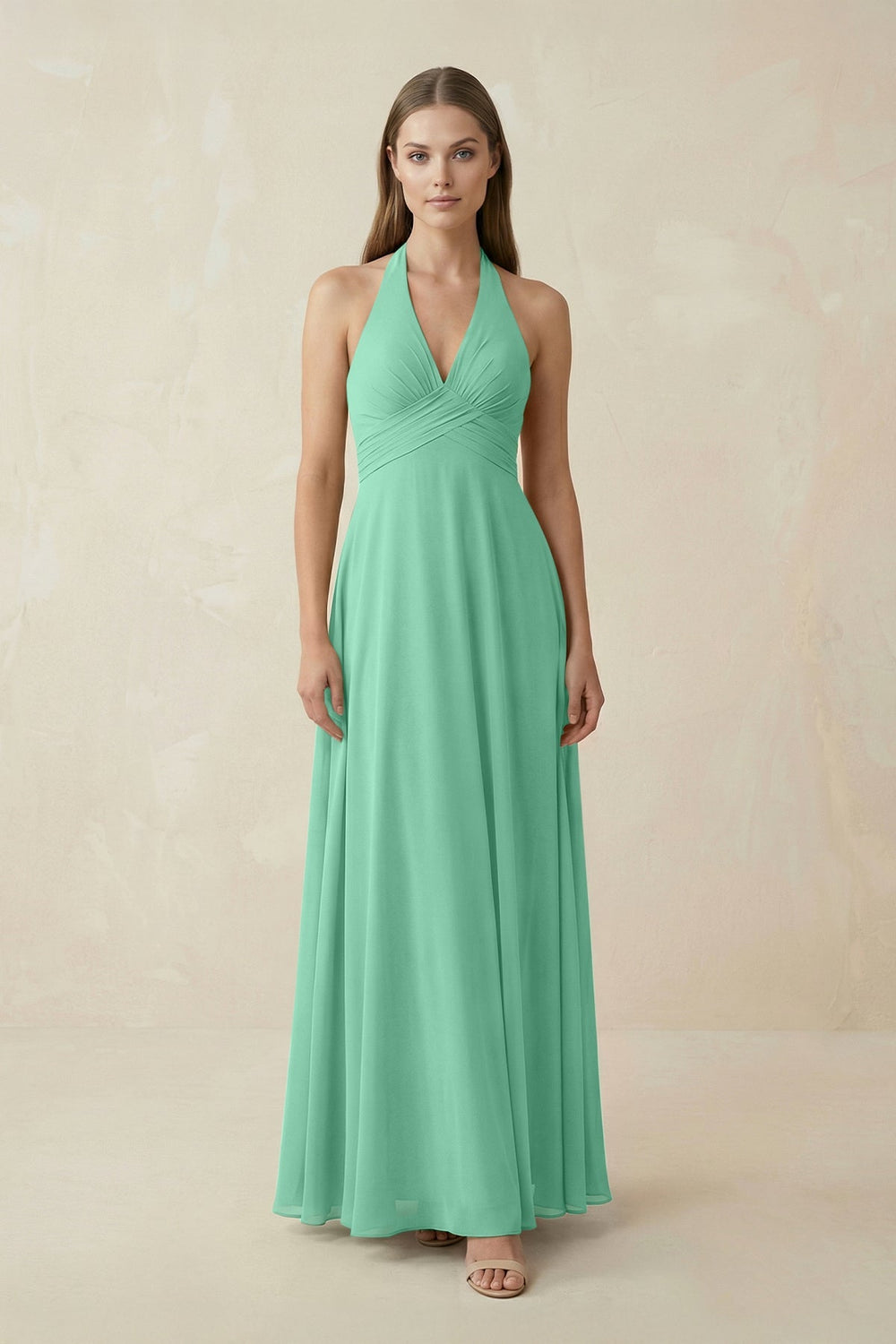 A-Line Pleated Chiffon V-Neck Bridesmaid Dress in Turquoise - KissProm BRIDESMAID DRESSES