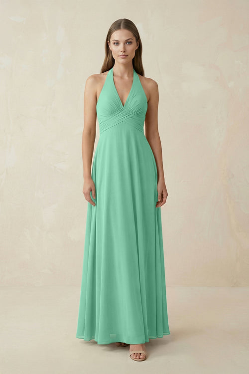A-Line Pleated Chiffon V-Neck Bridesmaid Dress in Turquoise - KissProm BRIDESMAID DRESSES