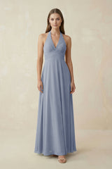 A-Line Pleated Chiffon V-Neck Bridesmaid Dress in Twilight - KissProm BRIDESMAID DRESSES