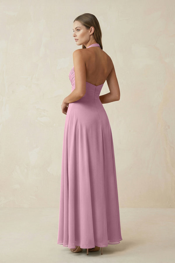 A-Line Pleated Chiffon V-Neck Bridesmaid Dress in Vintage Mauve - KissProm BRIDESMAID DRESSES