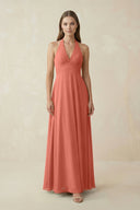 A-Line Pleated Chiffon V-Neck Bridesmaid Dress in Wild Rose - KissProm BRIDESMAID DRESSES