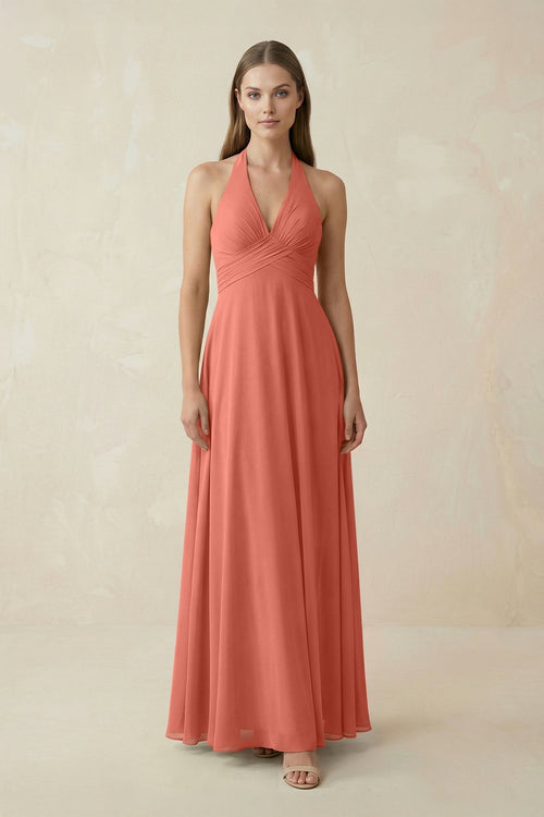 A-Line Pleated Chiffon V-Neck Bridesmaid Dress in Wild Rose - KissProm BRIDESMAID DRESSES