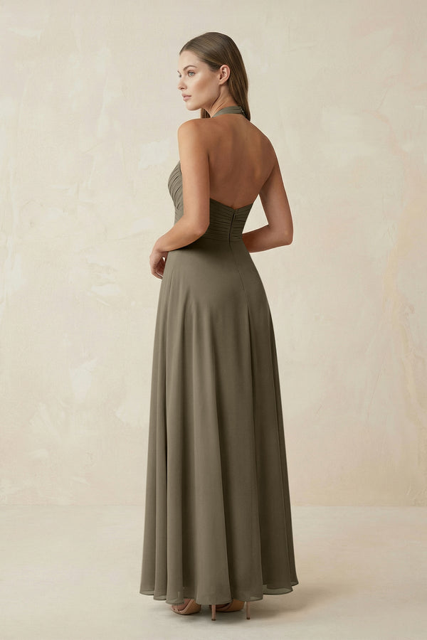 A-Line Pleated Chiffon V-Neck Bridesmaid Dress in Willow Green - KissProm BRIDESMAID DRESSES