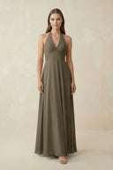 A-Line Pleated Chiffon V-Neck Bridesmaid Dress in Willow Green - KissProm BRIDESMAID DRESSES