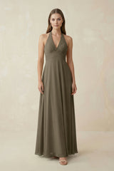 A-Line Pleated Chiffon V-Neck Bridesmaid Dress in Willow Green - KissProm BRIDESMAID DRESSES