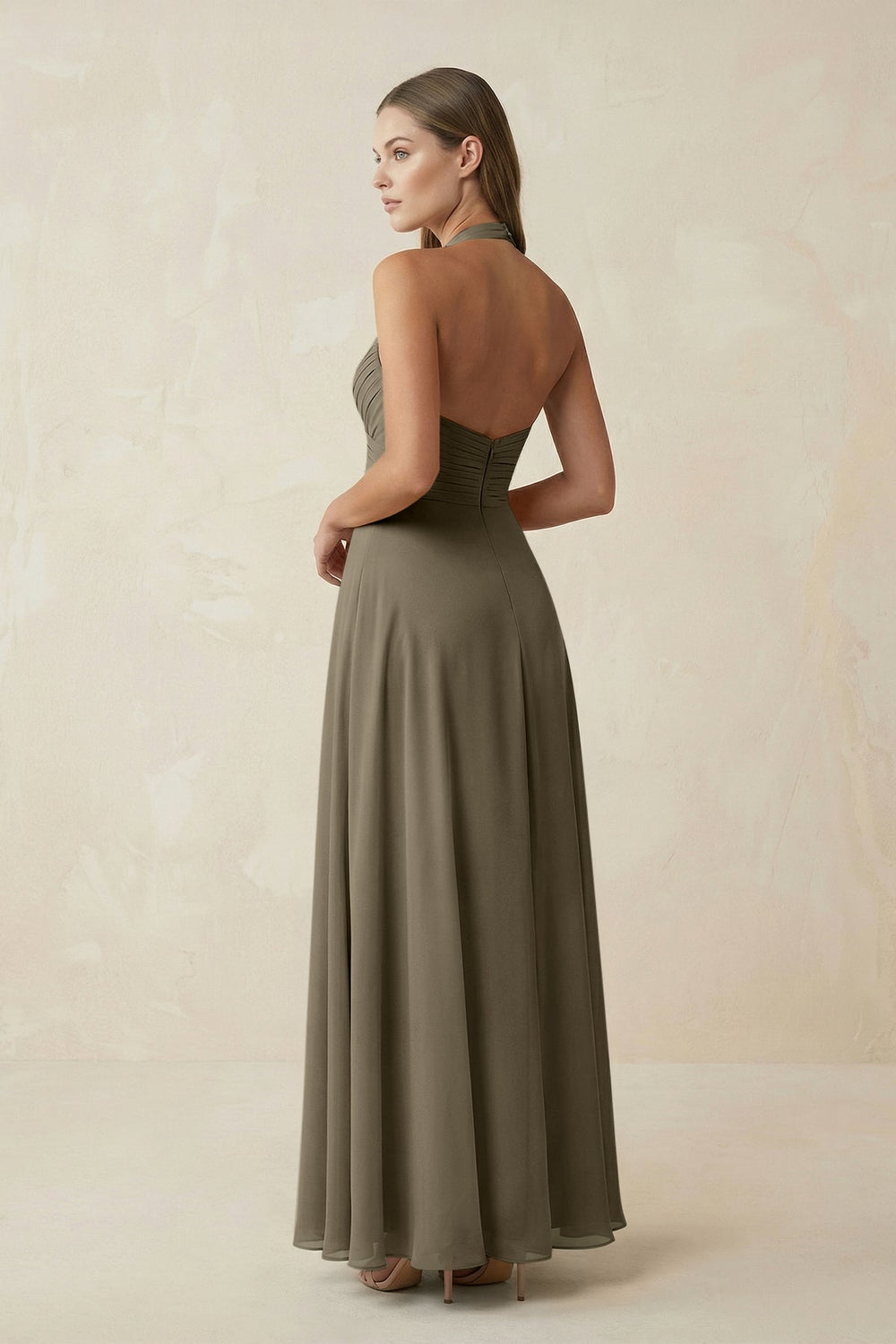 A-Line Pleated Chiffon V-Neck Bridesmaid Dress in Willow Green - KissProm BRIDESMAID DRESSES