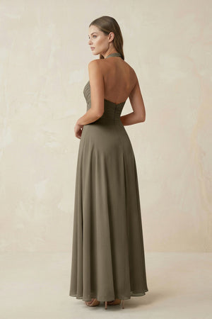 A-Line Pleated Chiffon V-Neck Bridesmaid Dress in Willow Green - KissProm BRIDESMAID DRESSES