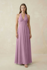 A-Line Pleated Chiffon V-Neck Bridesmaid Dress in Wisteria - KissProm BRIDESMAID DRESSES