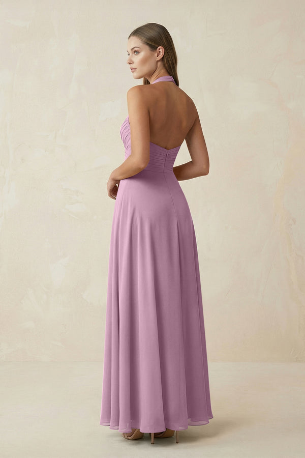 A-Line Pleated Chiffon V-Neck Bridesmaid Dress in Wisteria - KissProm BRIDESMAID DRESSES