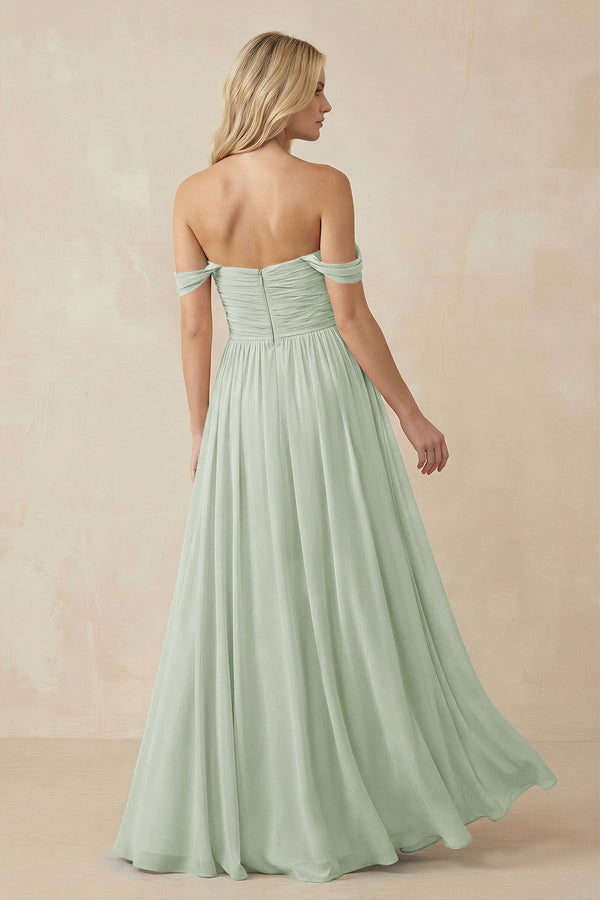 A - Line Pleated Chiffon Long Bridesmaid Dress in Sage - KissProm Bridesmaid Dresses
