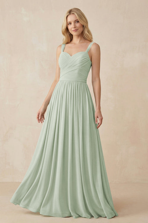 A - Line Pleated Chiffon Long Bridesmaid Dress in Sage - KissProm Bridesmaid Dresses
