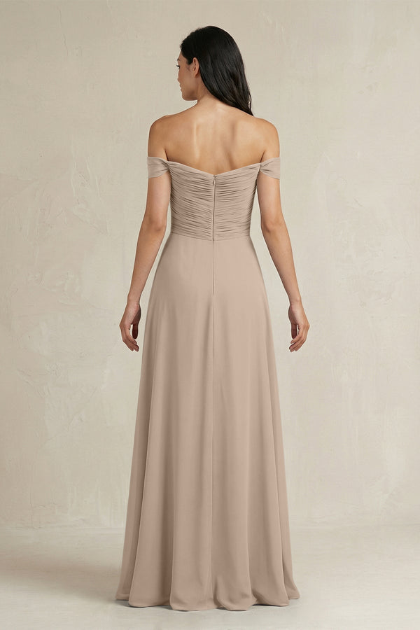 A - Line Pleated Off - the - Shoulder Chiffon Bridesmaid Dress in Almond - KissProm Bridesmaid Dresses
