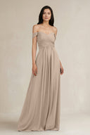 A - Line Pleated Off - the - Shoulder Chiffon Bridesmaid Dress in Almond - KissProm Bridesmaid Dresses