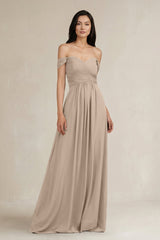 A - Line Pleated Off - the - Shoulder Chiffon Bridesmaid Dress in Almond - KissProm Bridesmaid Dresses