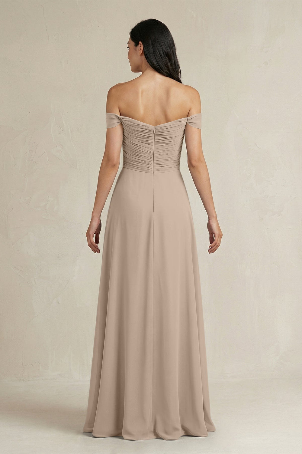 A - Line Pleated Off - the - Shoulder Chiffon Bridesmaid Dress in Almond - KissProm Bridesmaid Dresses