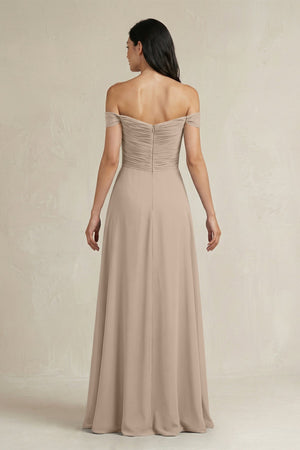 A - Line Pleated Off - the - Shoulder Chiffon Bridesmaid Dress in Almond - KissProm Bridesmaid Dresses