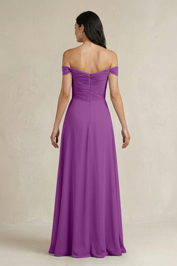 A - Line Pleated Off - the - Shoulder Chiffon Bridesmaid Dress in Amethyst - KissProm Bridesmaid Dresses