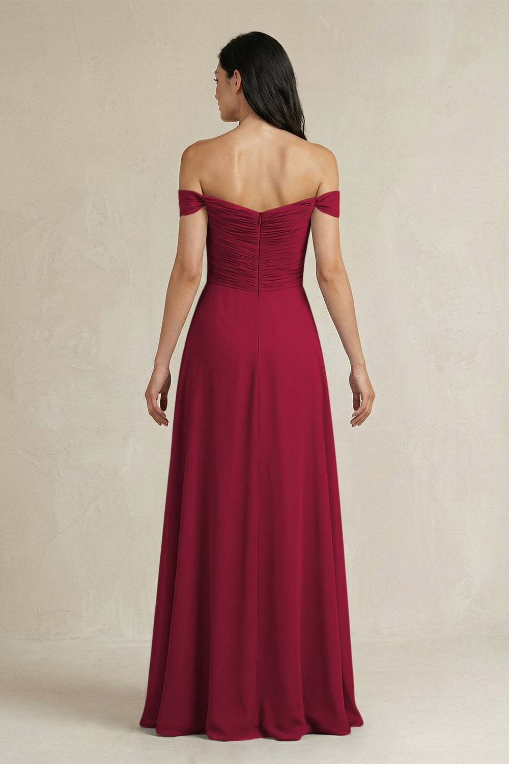 A - Line Pleated Off - the - Shoulder Chiffon Bridesmaid Dress in Berry - KissProm Bridesmaid Dresses