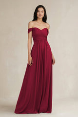 A - Line Pleated Off - the - Shoulder Chiffon Bridesmaid Dress in Berry - KissProm Bridesmaid Dresses